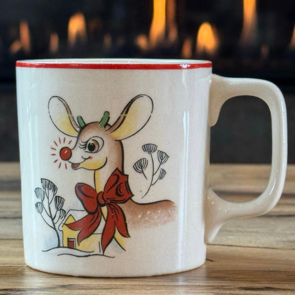 Vintage 1940s Rudolph Red Nosed Reindeer Mug Christmas Ceramic Montgomery Ward